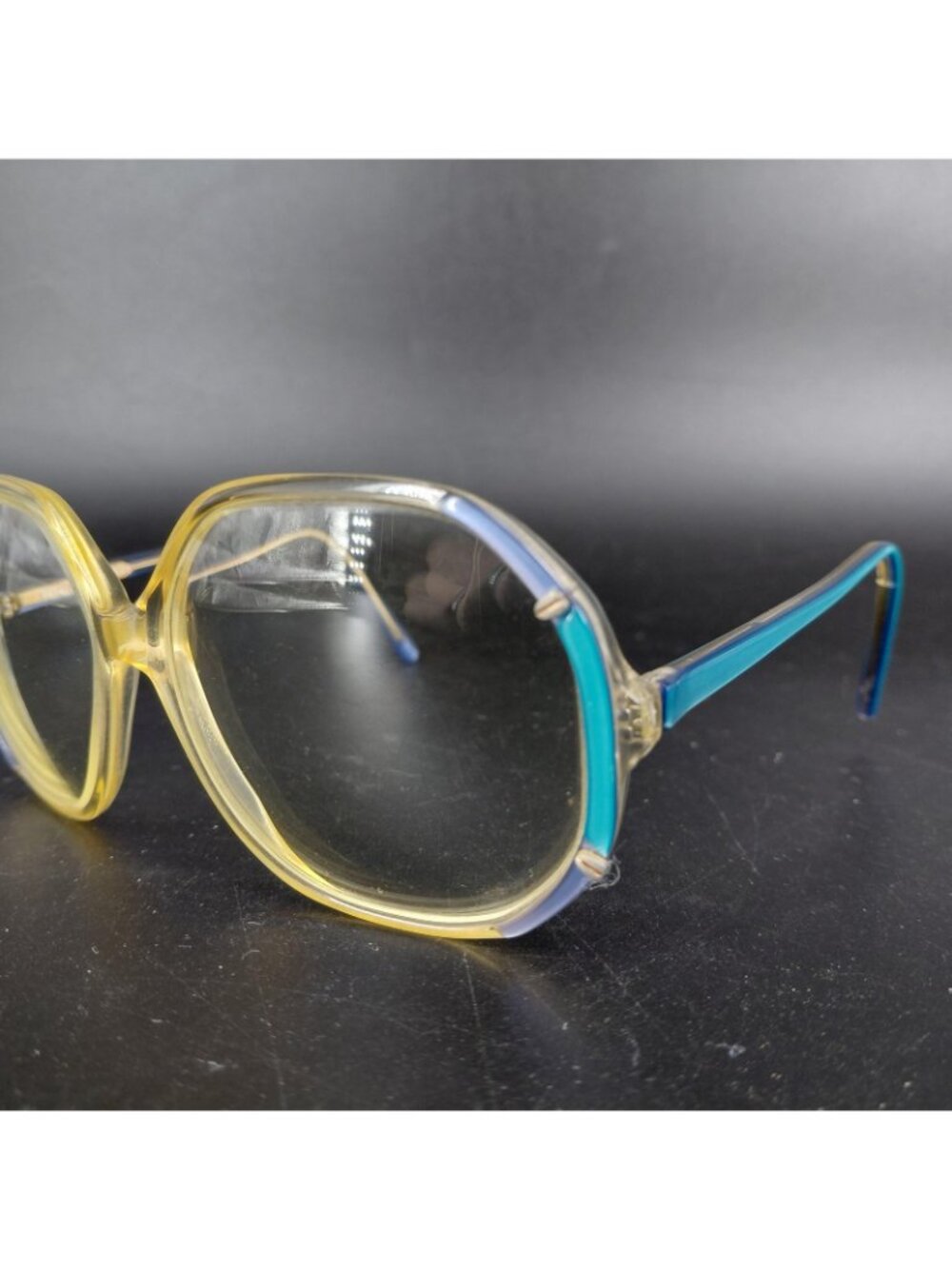 Vintage Rainbow Eye Glasses 80s Blue Yellow Oversized Butterfly Clear Retro M23 - Picture 6 of 16